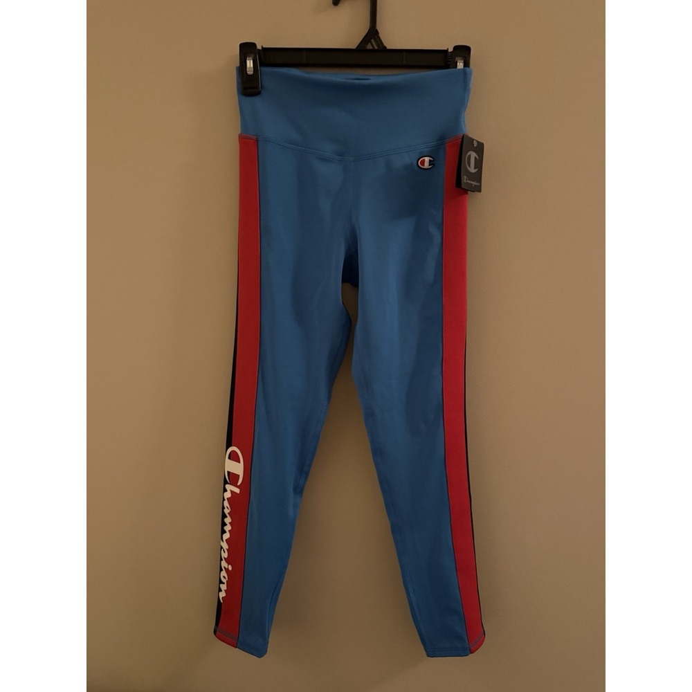 Champion Women's Leggings Size XS Blue and Red with logo and side Stripe NWT